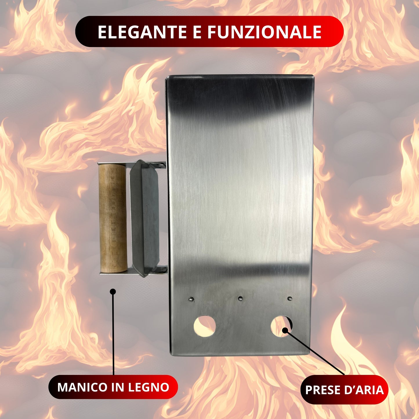 Vulcaninox | Ciminiera Accendi Barbecue in Acciaio Inox | Starter per Carbone con Manico in Legno Ergonomico | Made in Italy