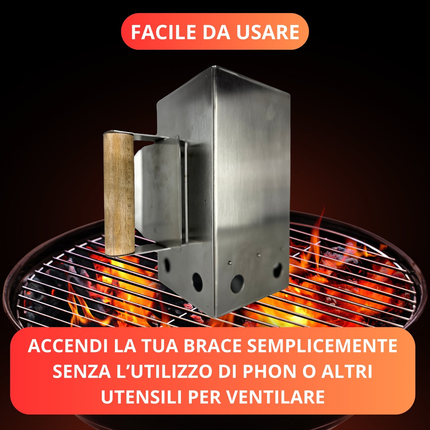 Vulcaninox | Ciminiera Accendi Barbecue in Acciaio Inox | Starter per Carbone con Manico in Legno Ergonomico | Made in Italy