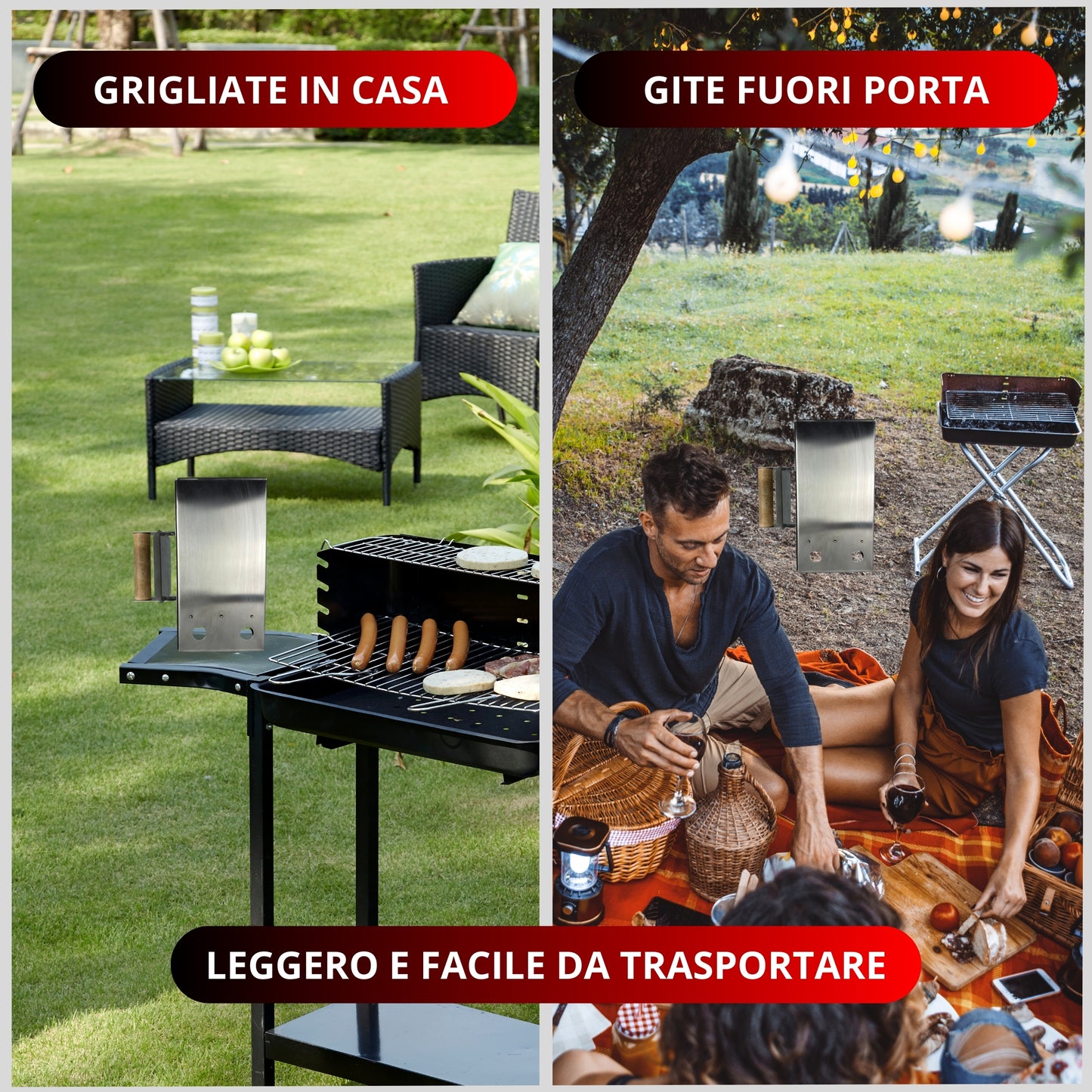 Vulcaninox | Ciminiera Accendi Barbecue in Acciaio Inox | Starter per Carbone con Manico in Legno Ergonomico | Made in Italy